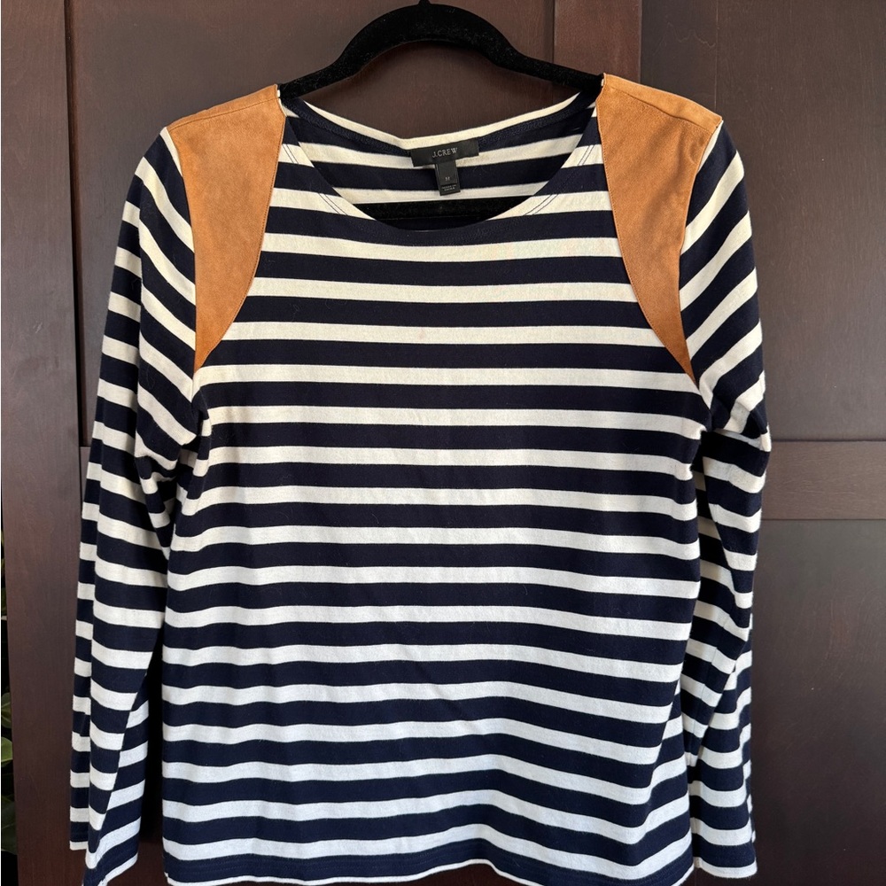 J. Crew Women's Navy and White Striped Top with Brown Suede Accents